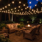 Outdoor patio with string lights, furniture, and a fire pit at night.